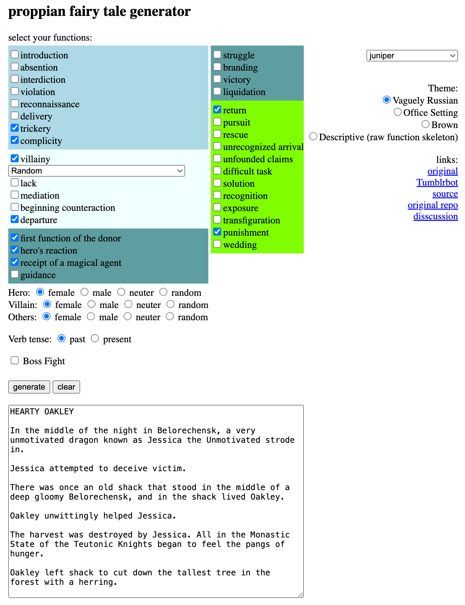 proppian fairy tale generator UI, with function checkboxes and a generated story below