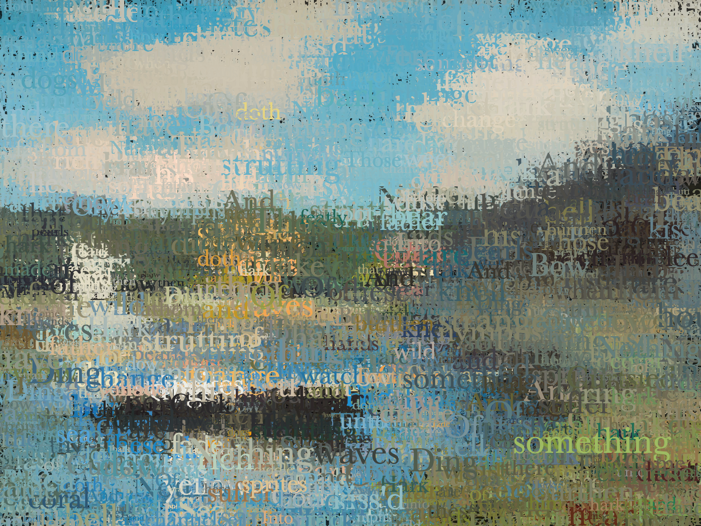 reworked Impressionist landscape painting, text daubs matching the underlying color — The Bridge at Argenteuil, Claude Monet, National Gallery of Art, Washington, D.C