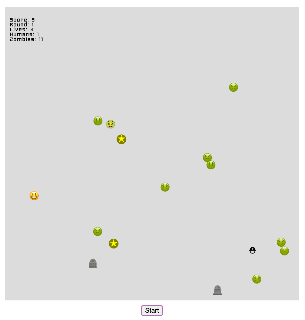 Nova Zombie Simulator gameplay, zombie emoji scattered across a gray playfield